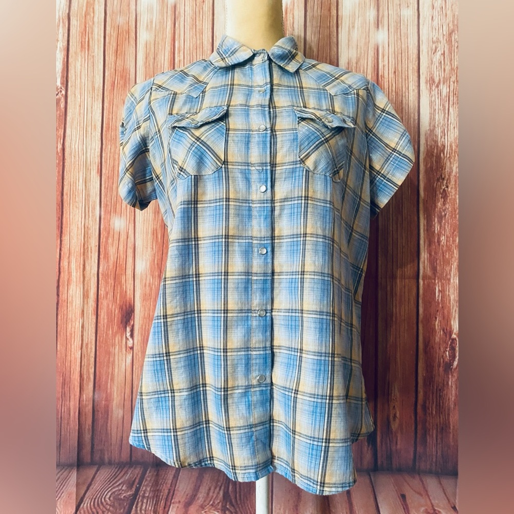 Women’s Large Blouse Wrangler Plaid Snap Button Down Shirt Sleeve Silver Threads